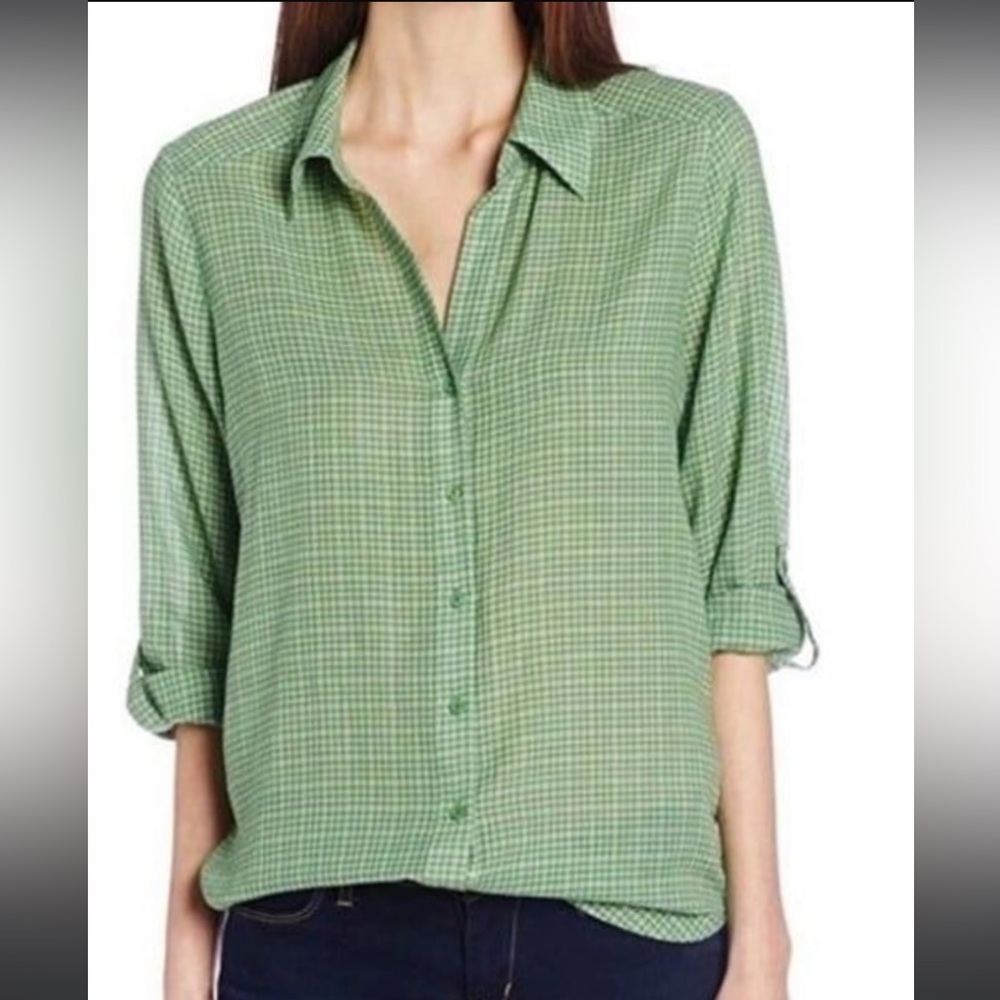 Joie: Green Checkered Button-down Blouse